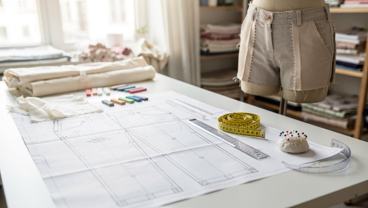 Pant fitting tutorial with sewing pattern adjustments, muslin trousers, and tailoring tools on a worktable